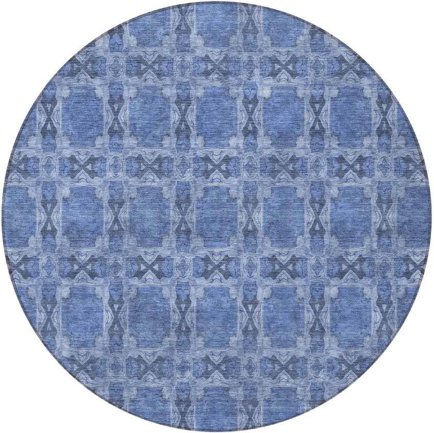8' Round Denim Blue and Gray Round Floral Medallion Washable Non Skid Indoor Outdoor Area Rug Photo 4