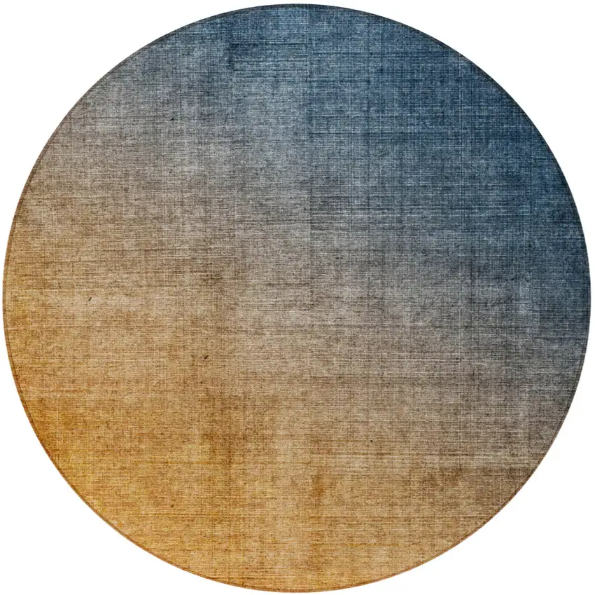 8' Round Denim and Gold Round Ombre Washable Non Skid Indoor Outdoor Area Rug Photo 4