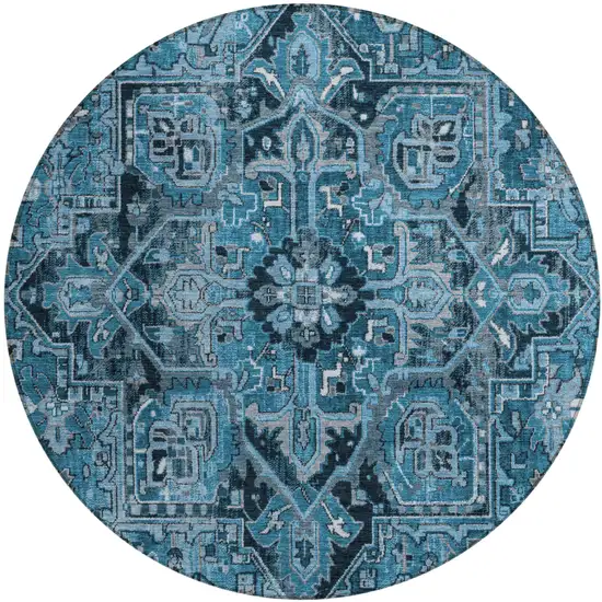Denim and Gray Round Oriental Washable Non Skid Indoor Outdoor Area Rug Photo 2