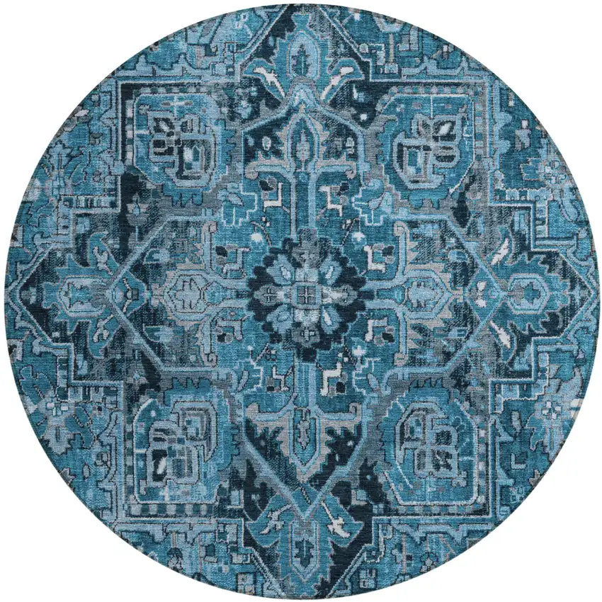Denim and Gray Round Oriental Washable Non Skid Indoor Outdoor Area Rug Photo 2