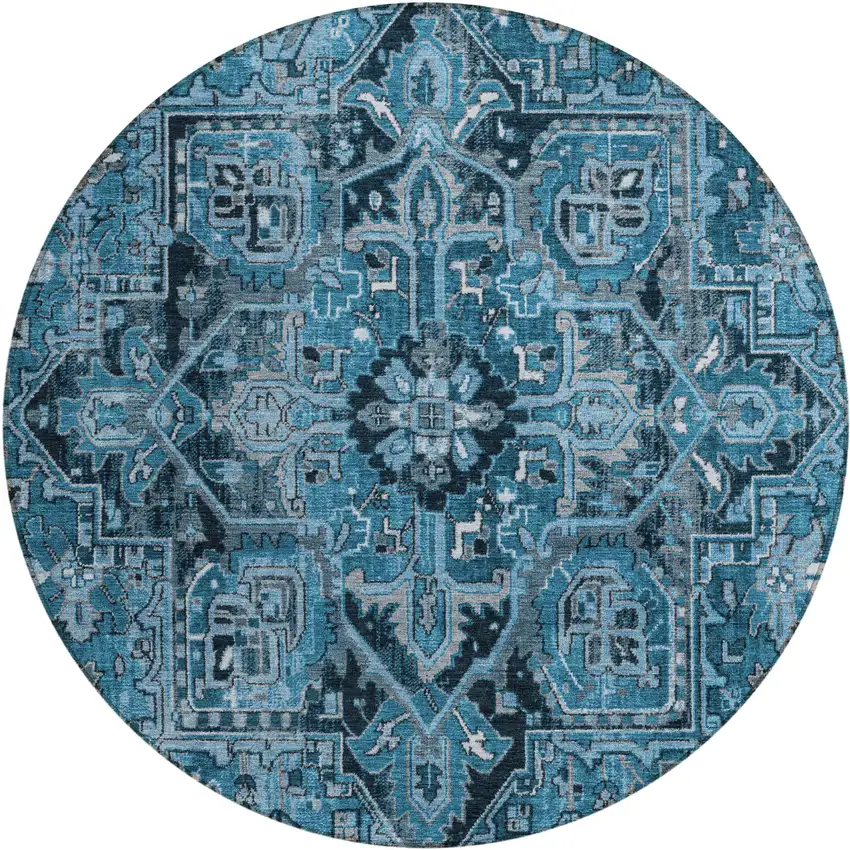 Denim and Gray Round Oriental Washable Non Skid Indoor Outdoor Area Rug Photo 2