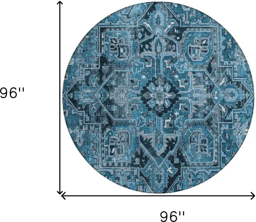 Denim and Gray Round Oriental Washable Non Skid Indoor Outdoor Area Rug Photo 3