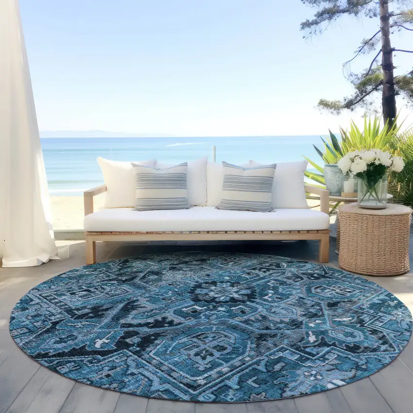 8' Round Denim and Gray Round Oriental Washable Non Skid Indoor Outdoor Area Rug Photo 8