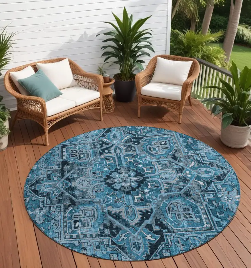 8' Round Denim and Gray Round Oriental Washable Non Skid Indoor Outdoor Area Rug Photo 1