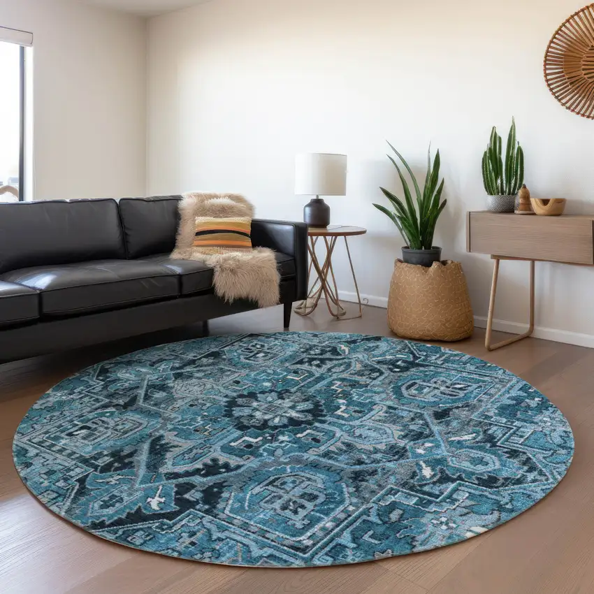 Denim and Gray Round Oriental Washable Non Skid Indoor Outdoor Area Rug Photo 9