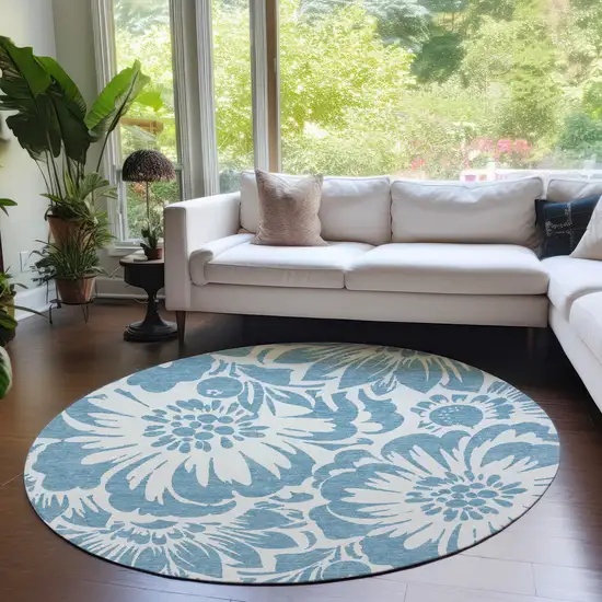 Denim and Ivory Round Floral Washable Non Skid Indoor Outdoor Area Rug Photo 9