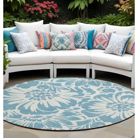 Denim and Ivory Round Floral Washable Non Skid Indoor Outdoor Area Rug Photo 1
