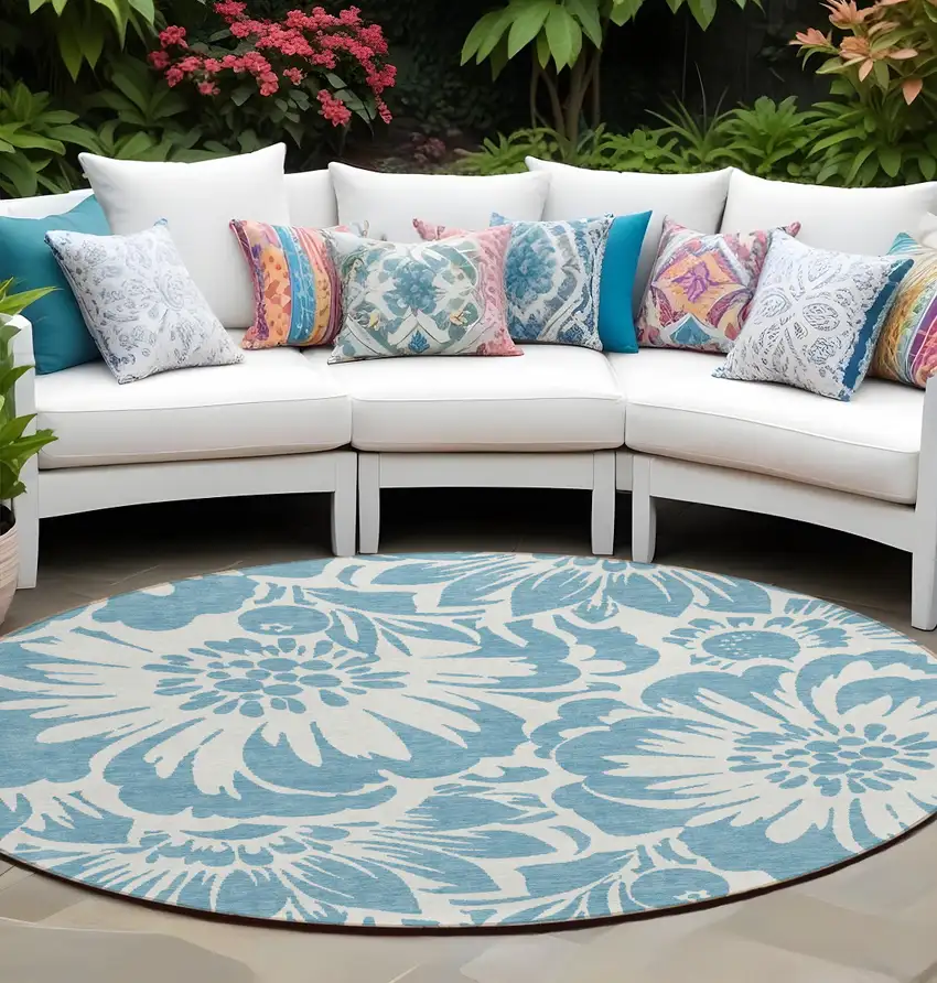 Denim and Ivory Round Floral Washable Non Skid Indoor Outdoor Area Rug Photo 1