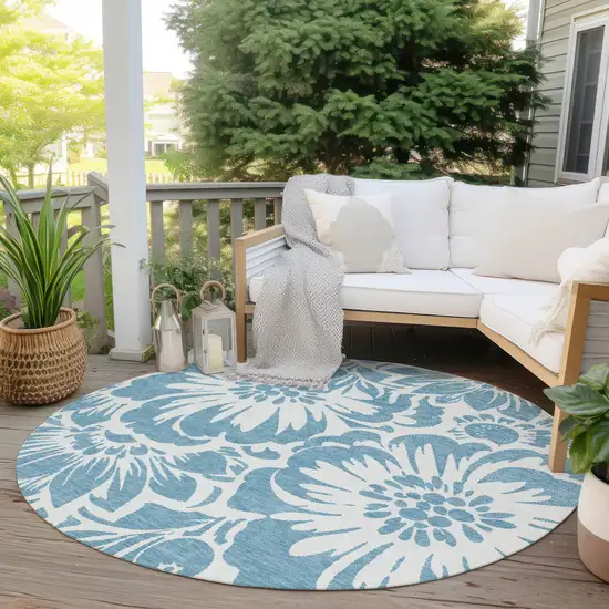 8' Round Denim and Ivory Round Floral Washable Non Skid Indoor Outdoor Area Rug Photo 8