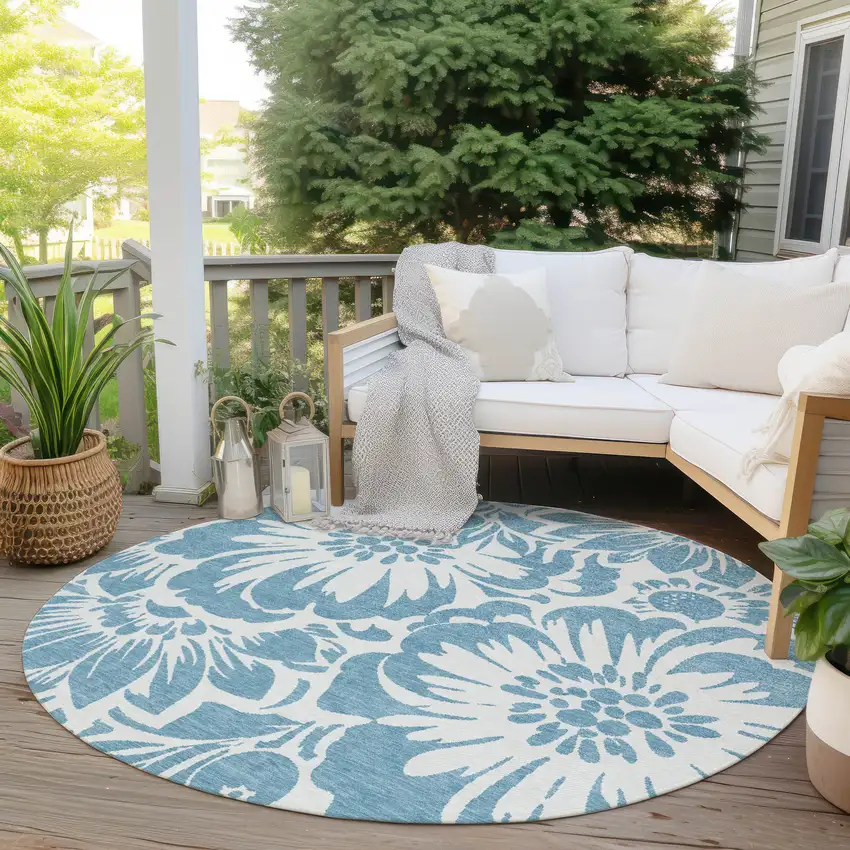 8' Round Denim and Ivory Round Floral Washable Non Skid Indoor Outdoor Area Rug Photo 8