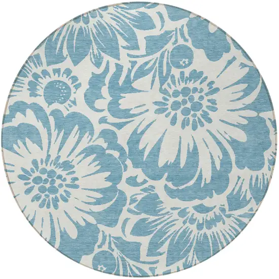 Denim and Ivory Round Floral Washable Non Skid Indoor Outdoor Area Rug Photo 4
