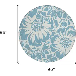Photo of 8' Round Denim and Ivory Round Floral Washable Non Skid Indoor Outdoor Area Rug
