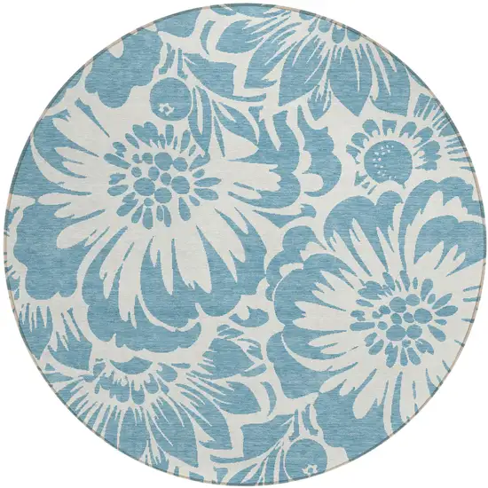 Denim and Ivory Round Floral Washable Non Skid Indoor Outdoor Area Rug Photo 2