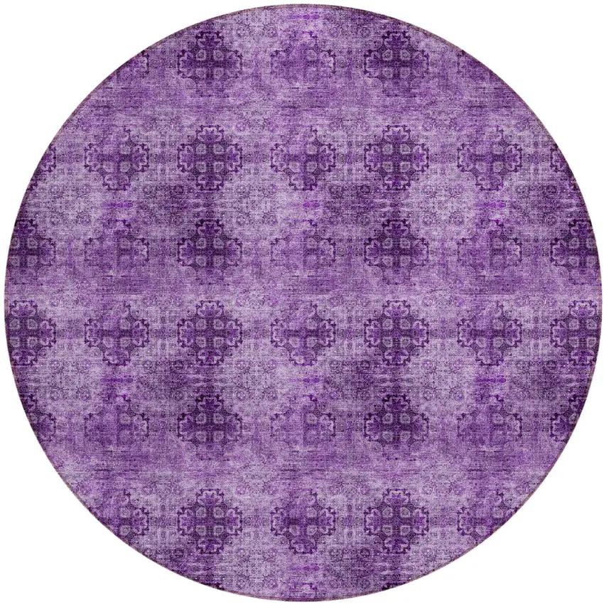 Eggplant Round Floral Medallion Washable Non Skid Indoor Outdoor Area Rug Photo 2