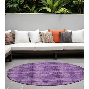 Photo of 8' Round Eggplant Round Floral Medallion Washable Non Skid Indoor Outdoor Area Rug