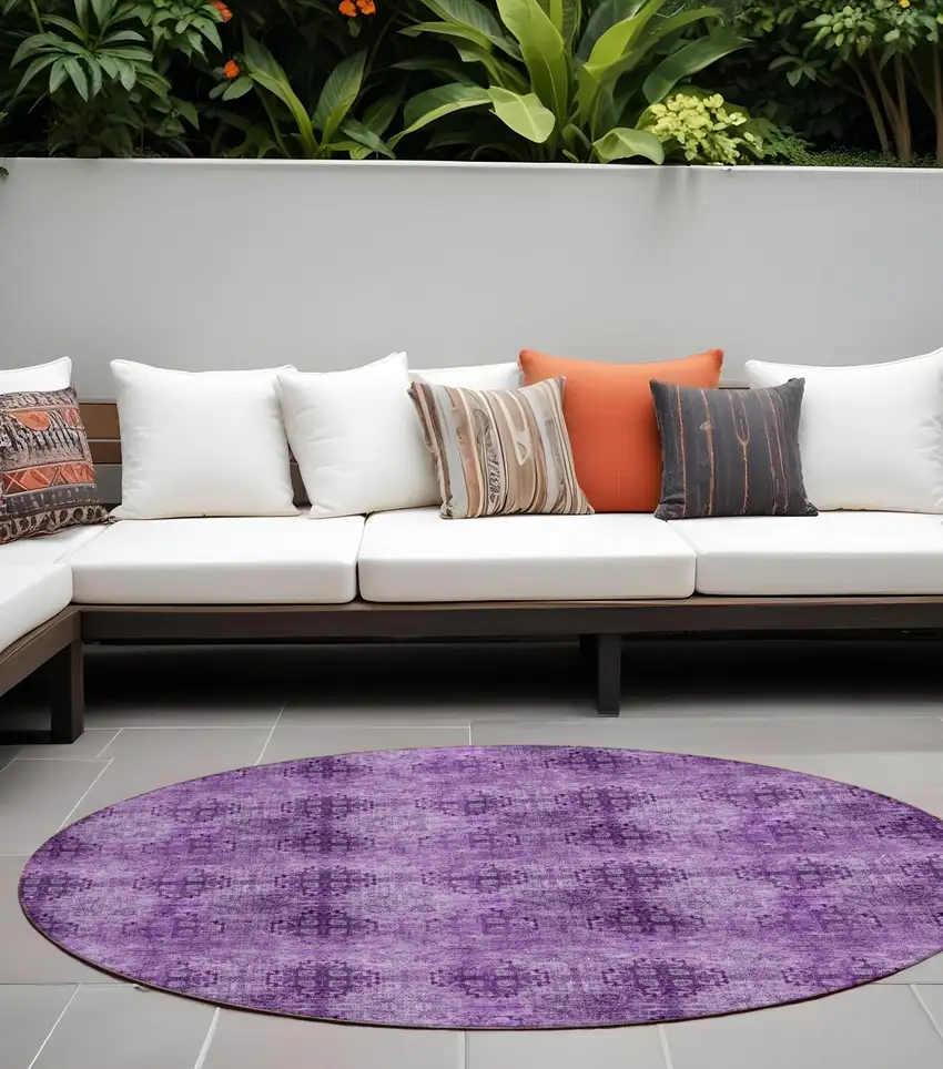 Eggplant Round Floral Medallion Washable Non Skid Indoor Outdoor Area Rug Photo 1
