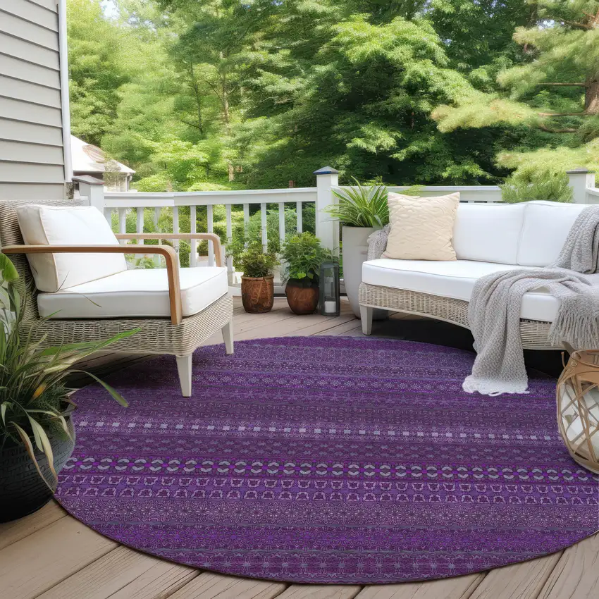 Eggplant Round Striped Washable Non Skid Indoor Outdoor Area Rug Photo 7