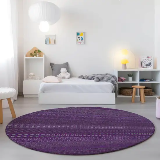 Eggplant Round Striped Washable Non Skid Indoor Outdoor Area Rug Photo 8