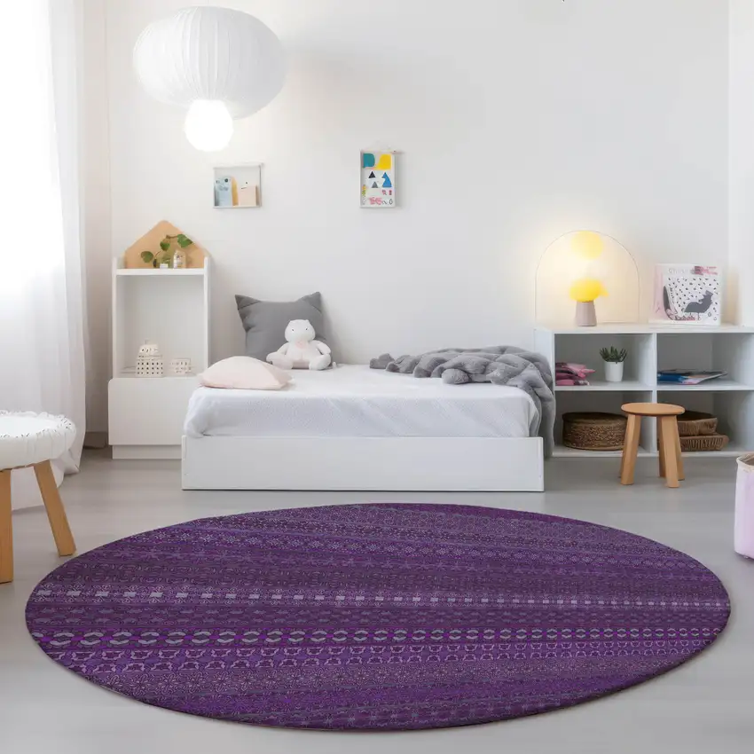 Eggplant Round Striped Washable Non Skid Indoor Outdoor Area Rug Photo 8
