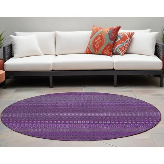 Eggplant Round Striped Washable Non Skid Indoor Outdoor Area Rug Photo 1