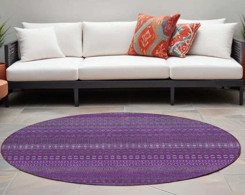 Eggplant Round Striped Washable Non Skid Indoor Outdoor Area Rug Photo 1