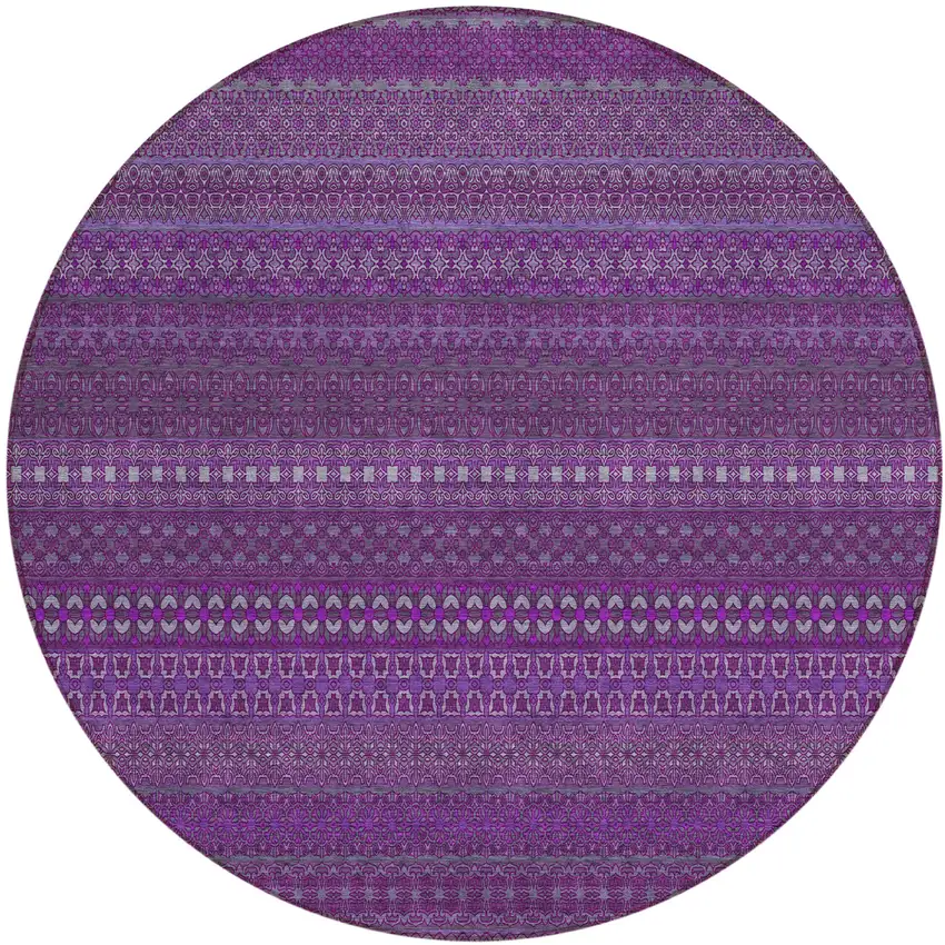 8' Round Eggplant Round Striped Washable Non Skid Indoor Outdoor Area Rug Photo 2