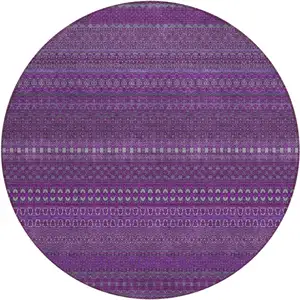 Photo of 8' Round Eggplant Round Striped Washable Non Skid Indoor Outdoor Area Rug