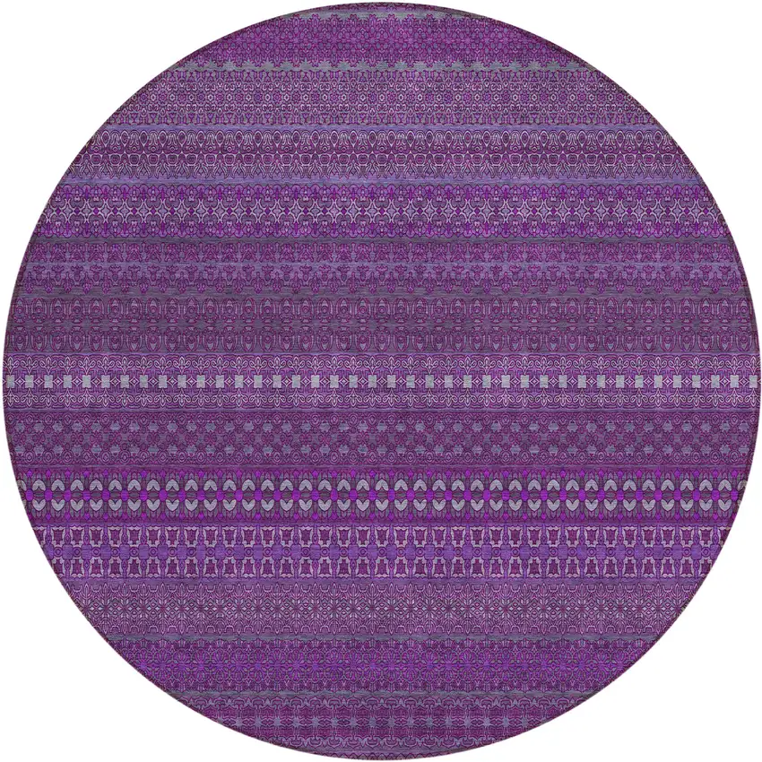 8' Round Eggplant Round Striped Washable Non Skid Indoor Outdoor Area Rug Photo 2
