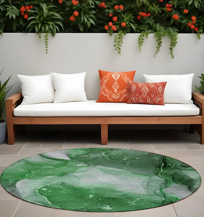 8' Round Emerald Round Abstract Washable Non Skid Indoor Outdoor Area Rug Photo 1