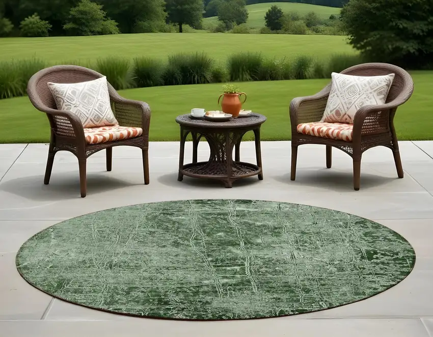 8' Round Emerald Round Abstract Washable Non Skid Indoor Outdoor Area Rug Photo 1