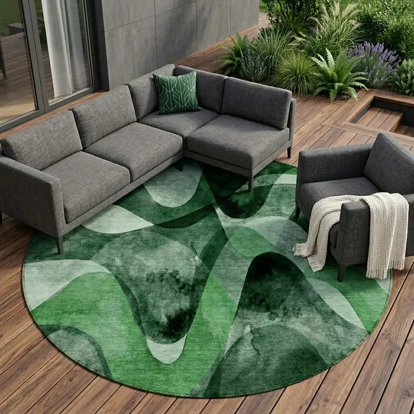 Fern Green Round Abstract Washable Non Skid Indoor Outdoor Area Rug Photo 1