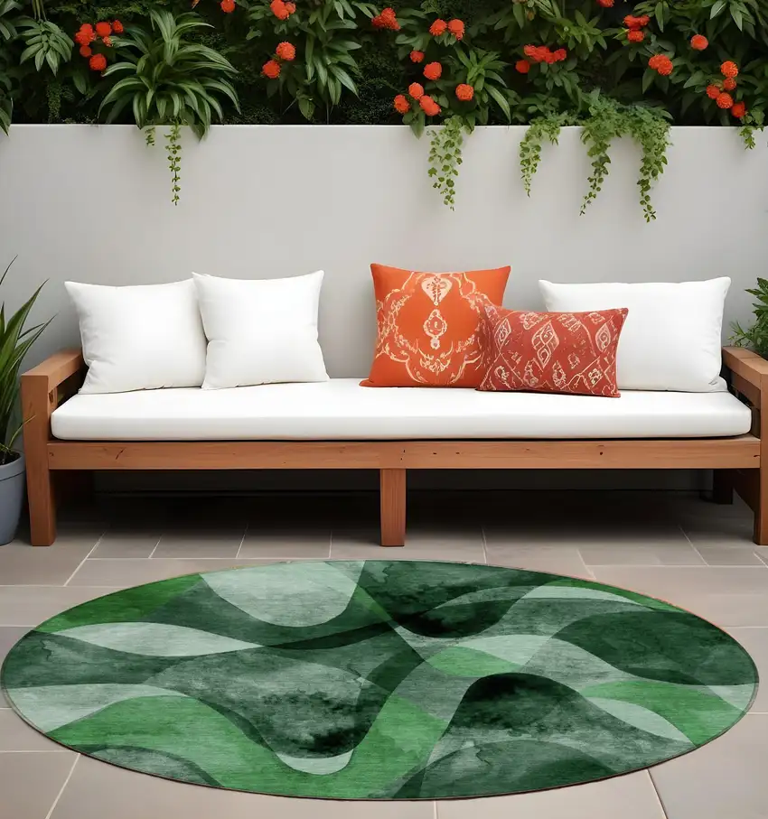 Fern Green Round Abstract Washable Non Skid Indoor Outdoor Area Rug Photo 1