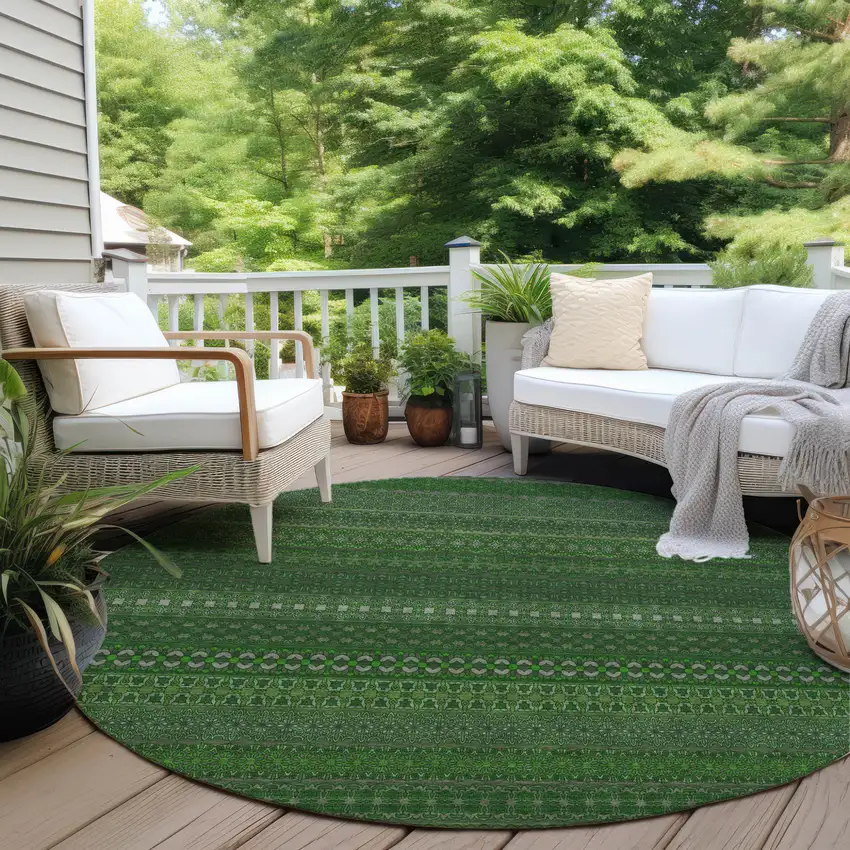 8' Round Fern Green Round Striped Washable Non Skid Indoor Outdoor Area Rug Photo 8