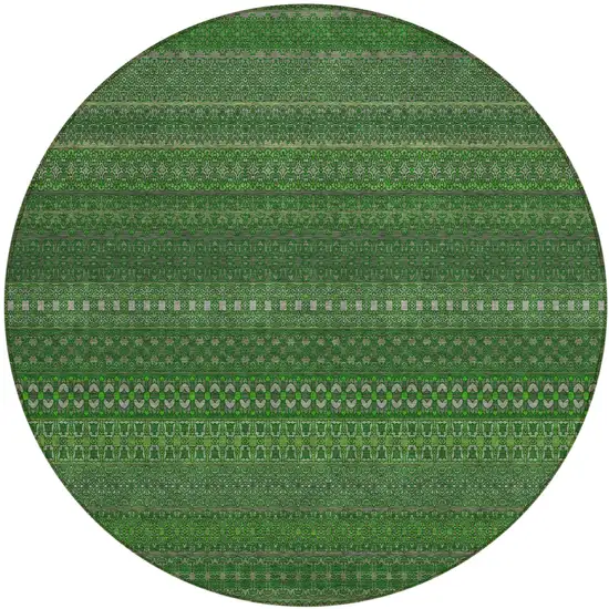 8' Round Fern Green Round Striped Washable Non Skid Indoor Outdoor Area Rug Photo 2