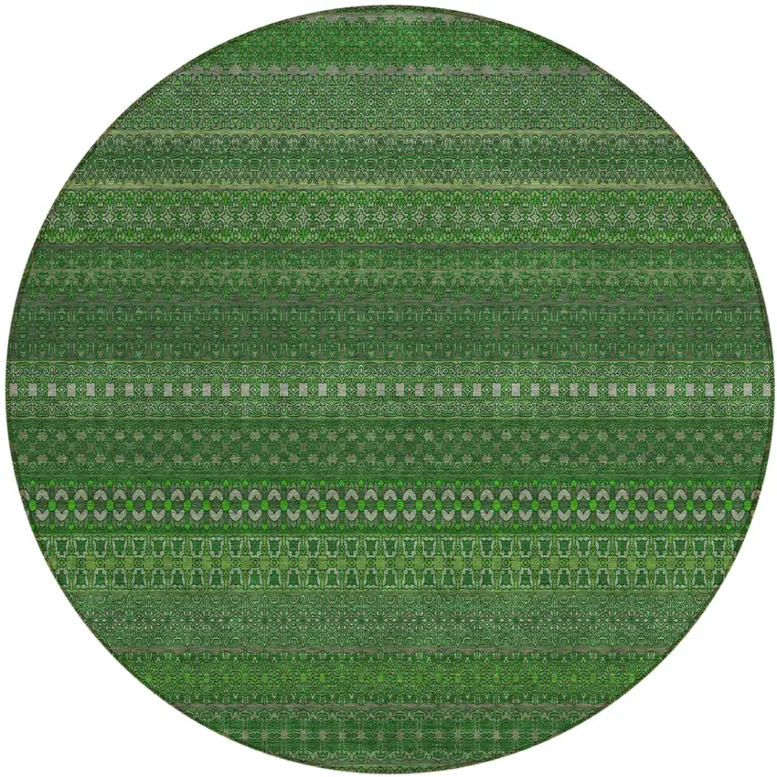 8' Round Fern Green Round Striped Washable Non Skid Indoor Outdoor Area Rug Photo 2