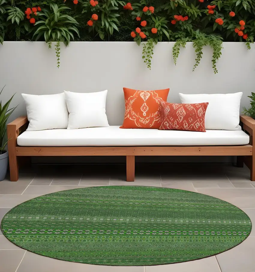 8' Round Fern Green Round Striped Washable Non Skid Indoor Outdoor Area Rug Photo 1