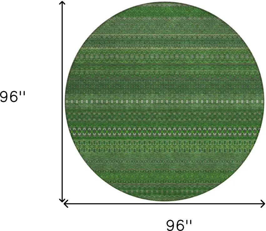 8' Round Fern Green Round Striped Washable Non Skid Indoor Outdoor Area Rug Photo 3