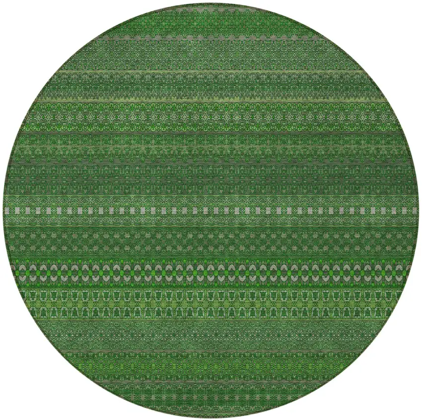 8' Round Fern Green Round Striped Washable Non Skid Indoor Outdoor Area Rug Photo 4