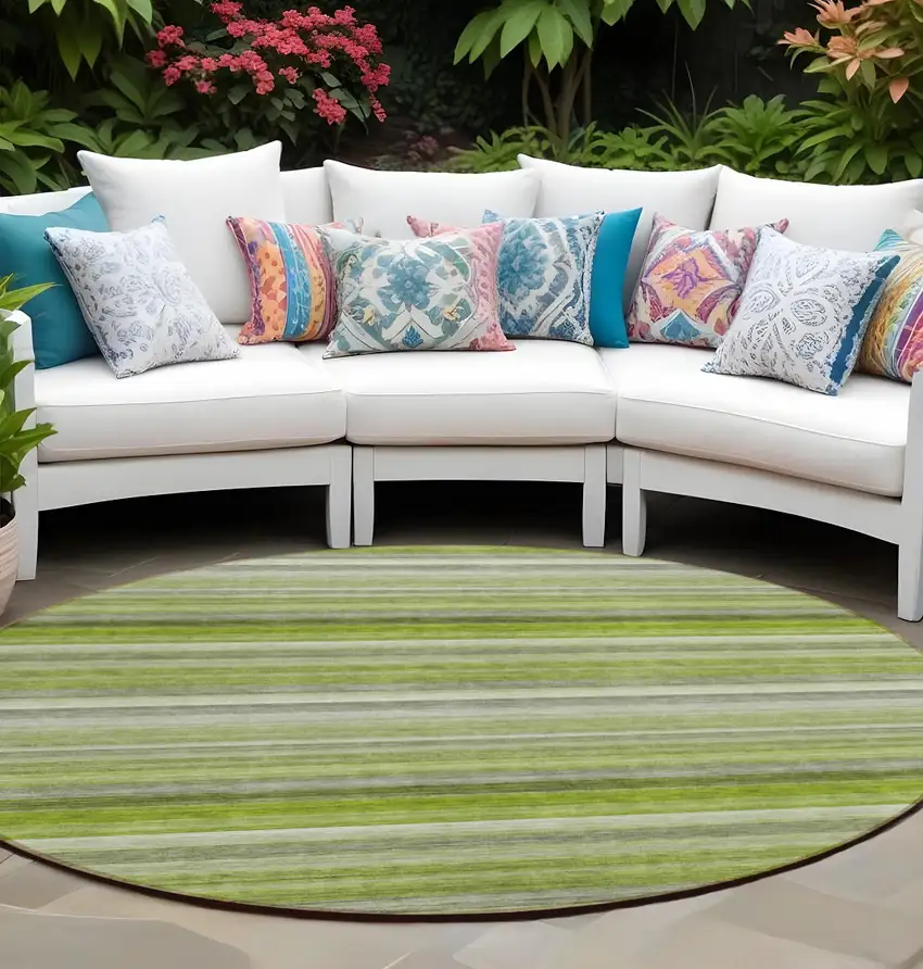 Fern Green Round Striped Washable Non Skid Indoor Outdoor Area Rug Photo 1