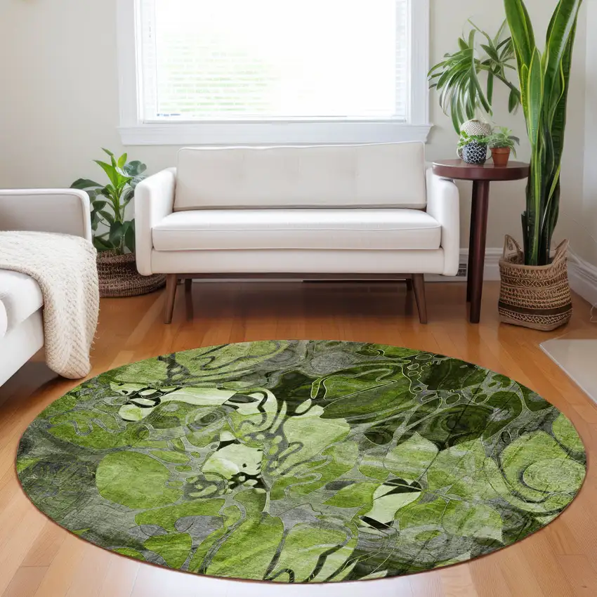 Fern Green and Gray Round Abstract Washable Indoor Outdoor Area Rug Photo 7
