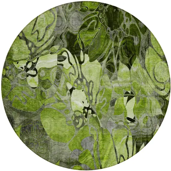 Fern Green and Gray Round Abstract Washable Indoor Outdoor Area Rug Photo 2