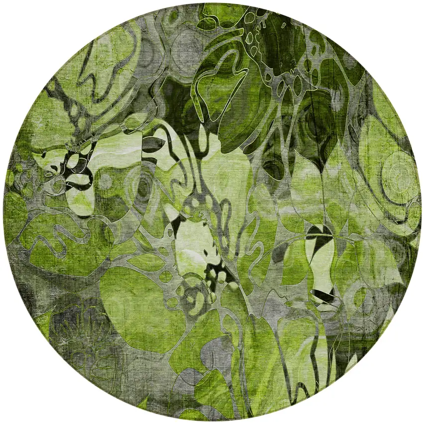 Fern Green and Gray Round Abstract Washable Indoor Outdoor Area Rug Photo 2
