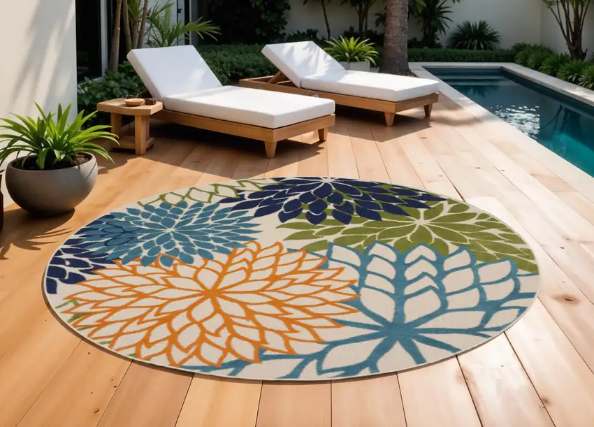 10' Blue and Green Round Floral Power Loom Area Rug Photo 1