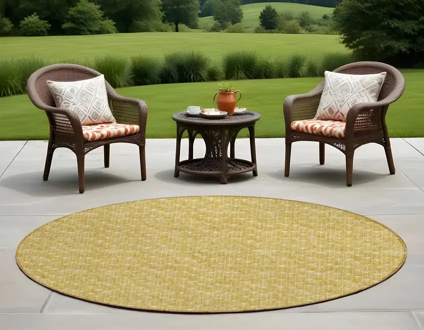 Gold Round Geometric Washable Non Skid Indoor Outdoor Area Rug Photo 1