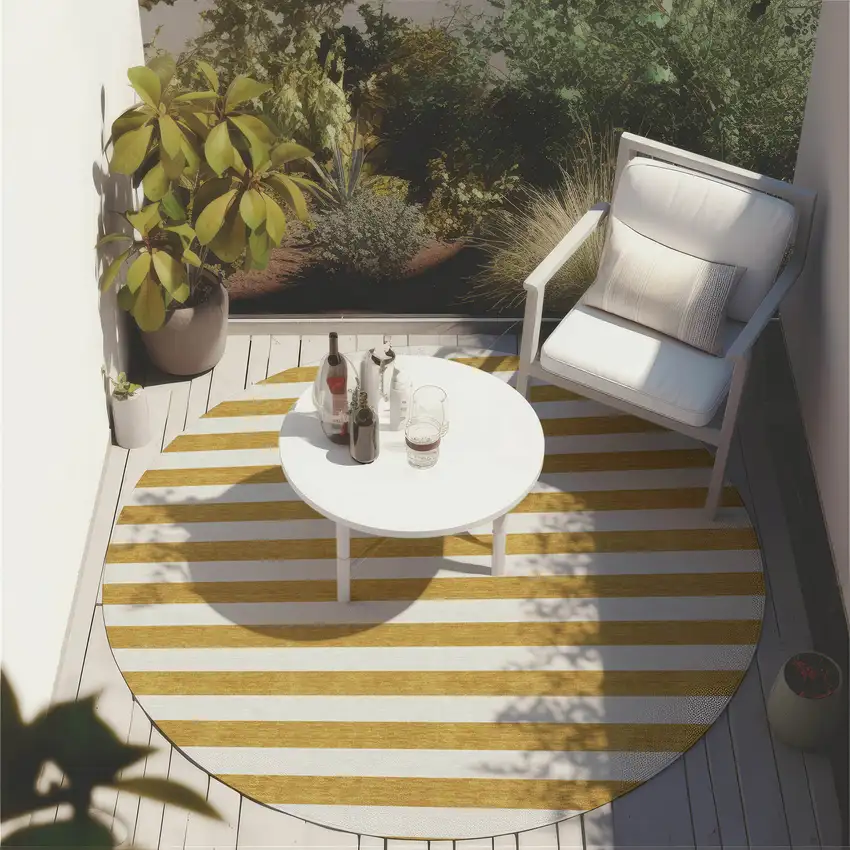 Gold Round Striped Washable Non Skid Indoor Outdoor Area Rug Photo 8