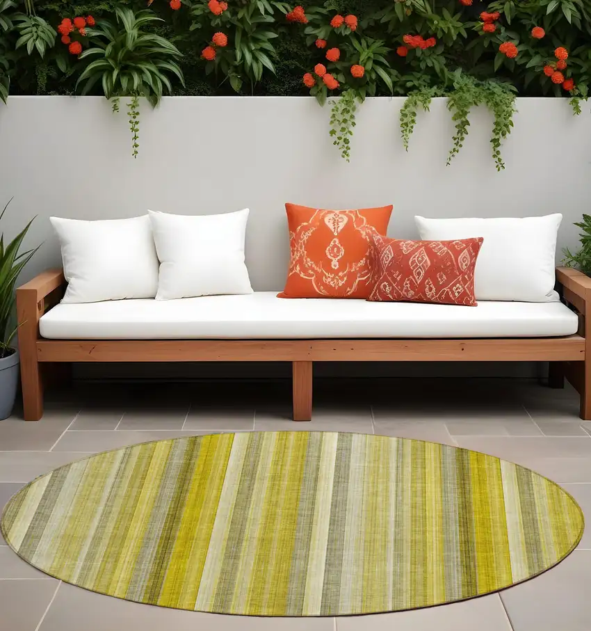 Gold Round Striped Washable Non Skid Indoor Outdoor Area Rug Photo 1