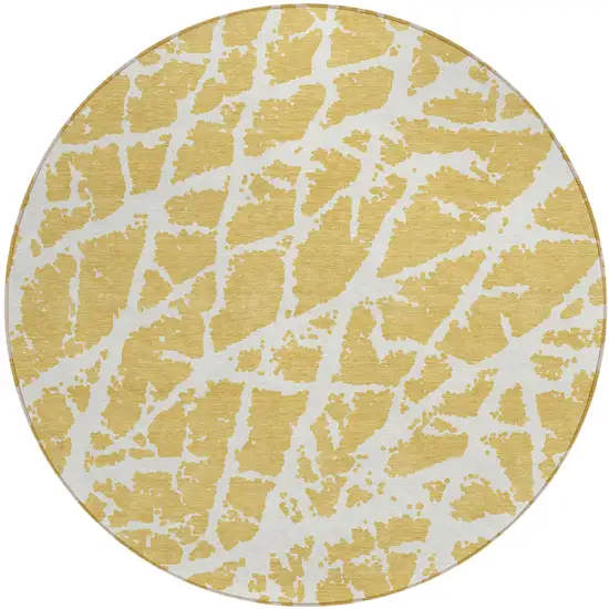 Gold and White Round Abstract Washable Non Skid Indoor Outdoor Area Rug Photo 2