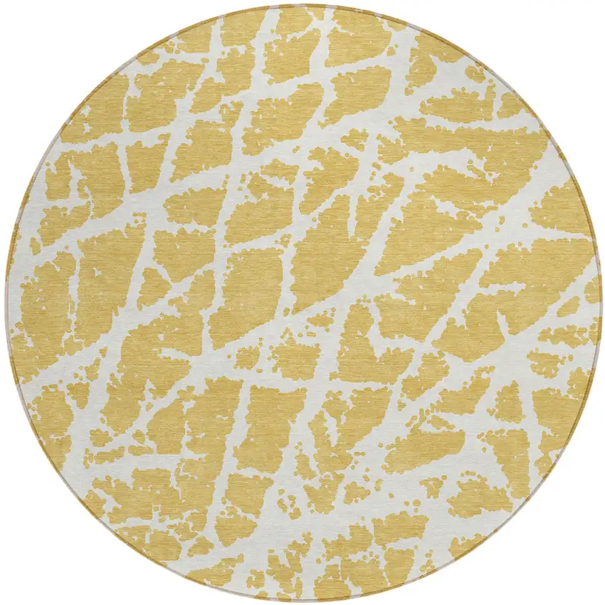 Gold and White Round Abstract Washable Non Skid Indoor Outdoor Area Rug Photo 2