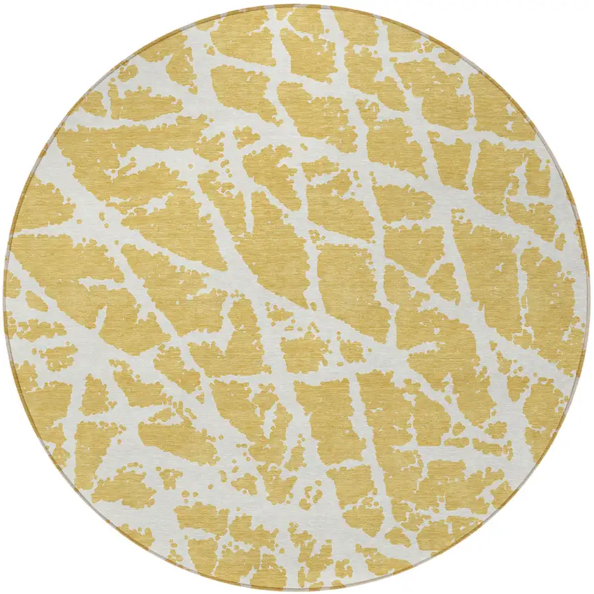Gold and White Round Abstract Washable Non Skid Indoor Outdoor Area Rug Photo 4
