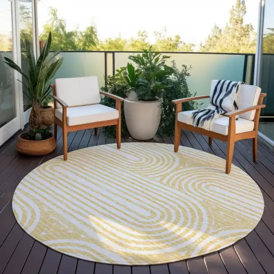 Gold and White Round Abstract Washable Non Skid Indoor Outdoor Area Rug Photo 8